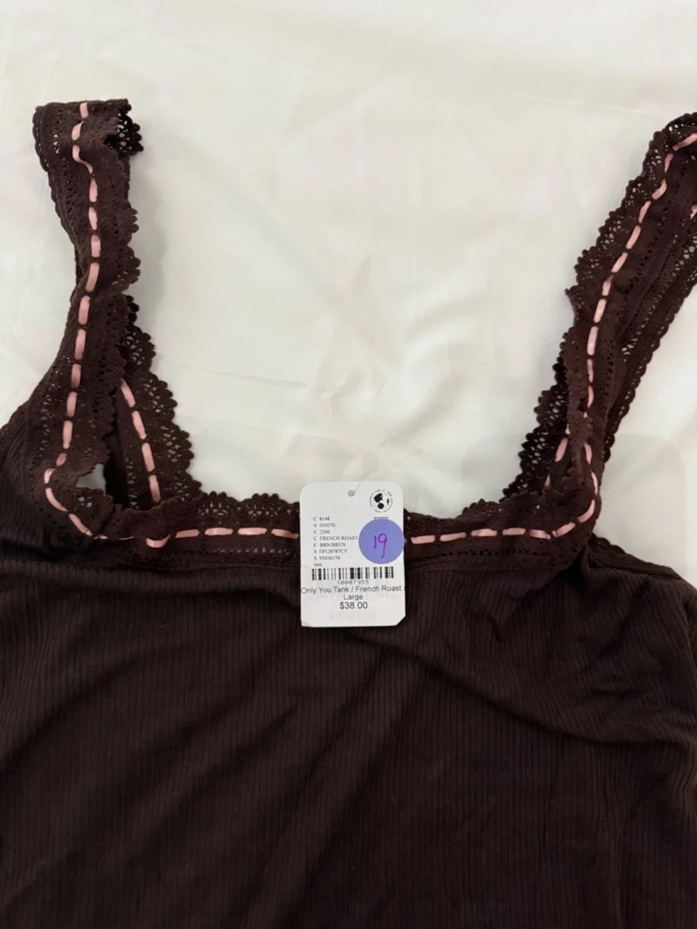 Free People Brown and Pink Lace-Trim Ribbed Tank Top